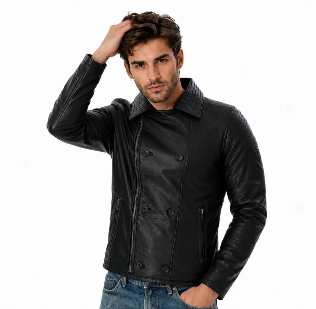 Mens Double Breasted Black Leather Jacket_3