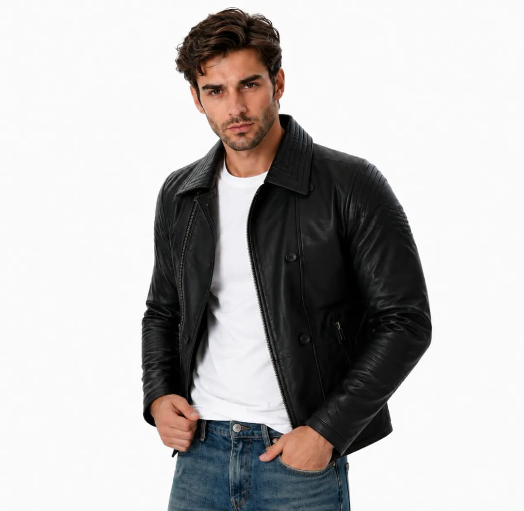 Mens Double Breasted Black Leather Jacket_4
