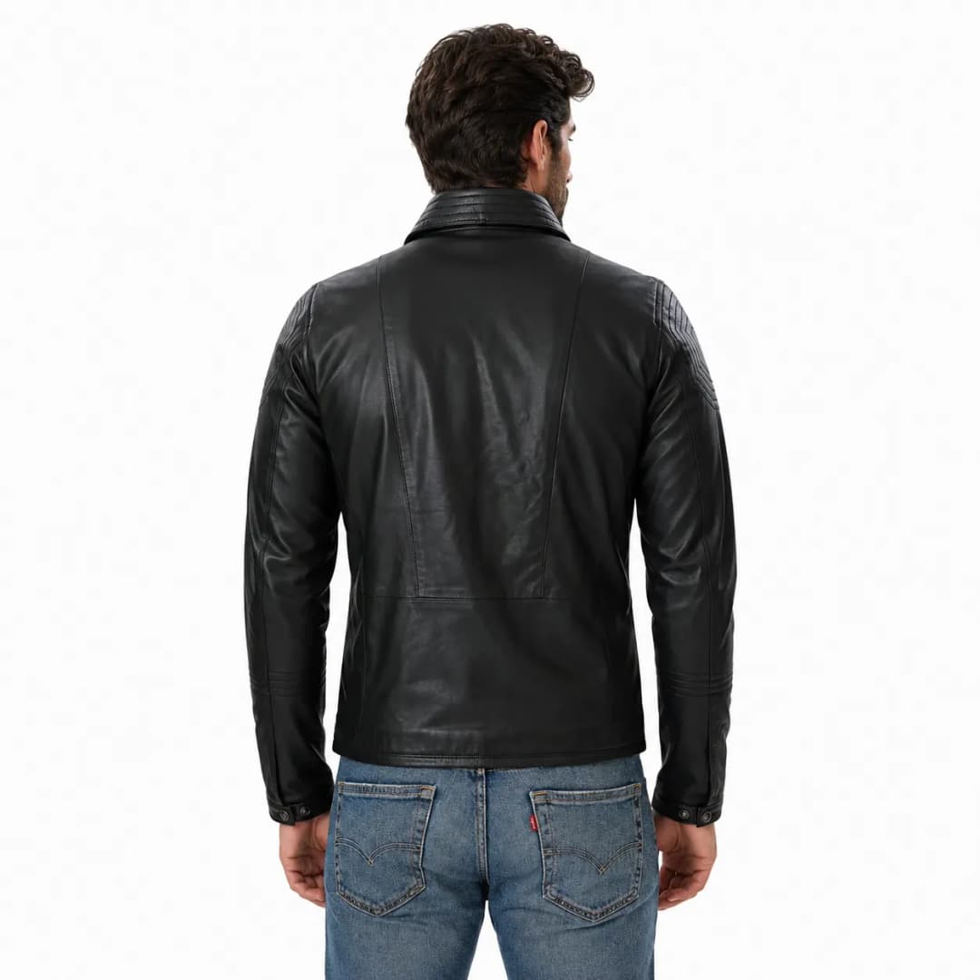Mens Double Breasted Black Leather Jacket_5