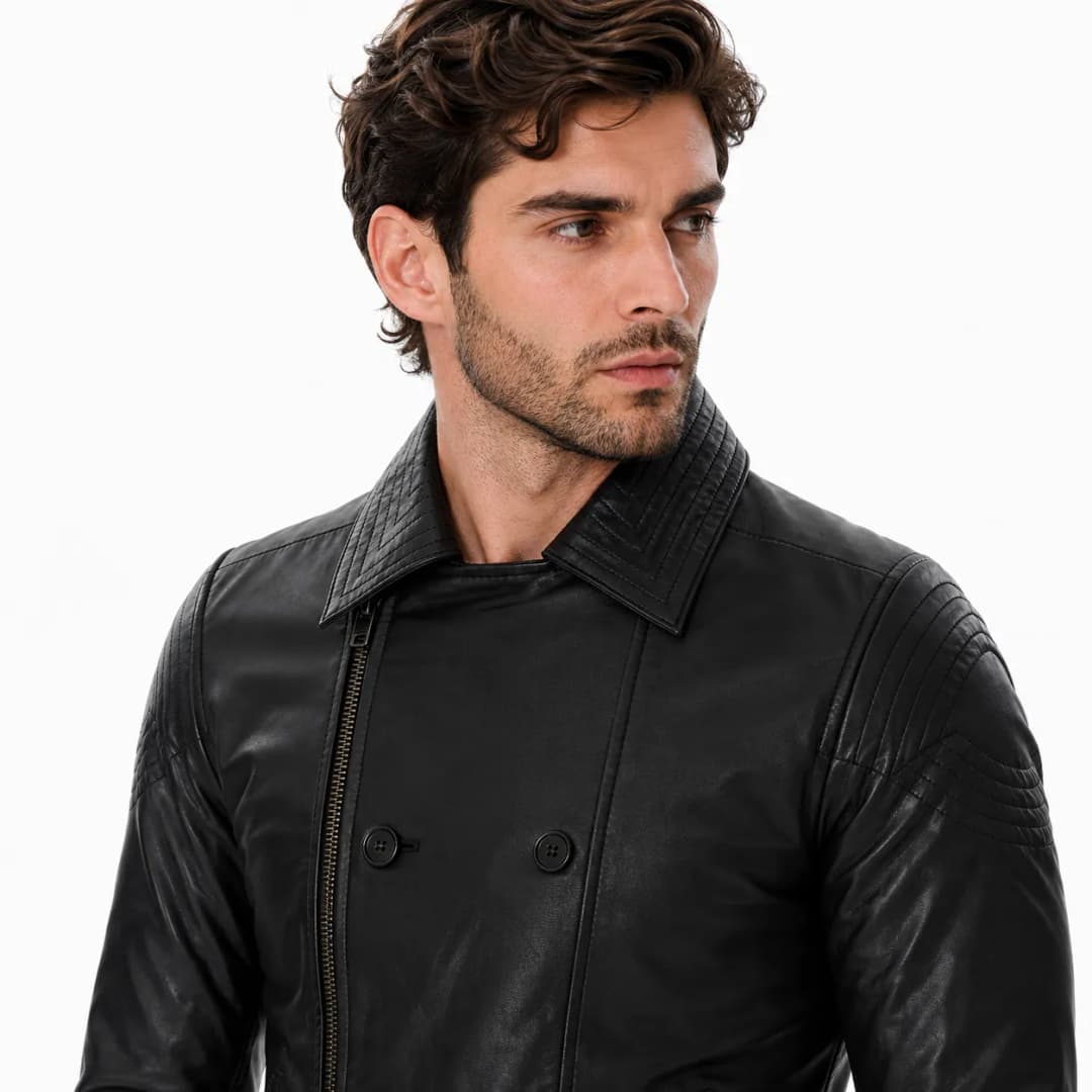 Mens Double Breasted Black Leather Jacket_6