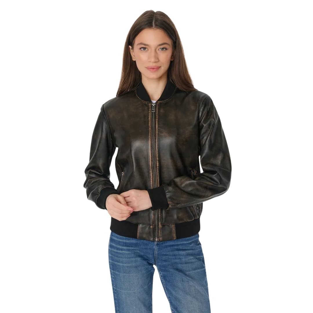 Womens Distressed Brown Leather Bomber Jacket (1)
