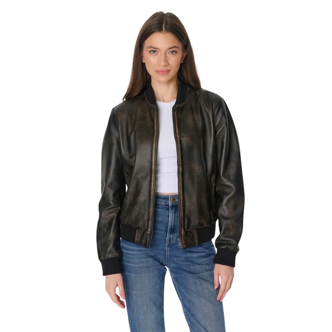 Womens Distressed Brown Leather Bomber Jacket (2)