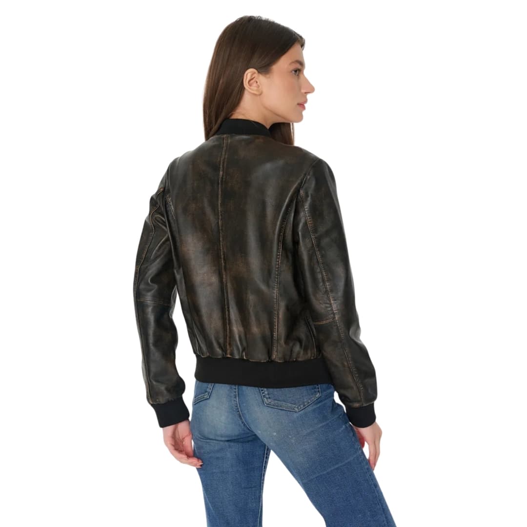 Womens Distressed Brown Leather Bomber Jacket (3)