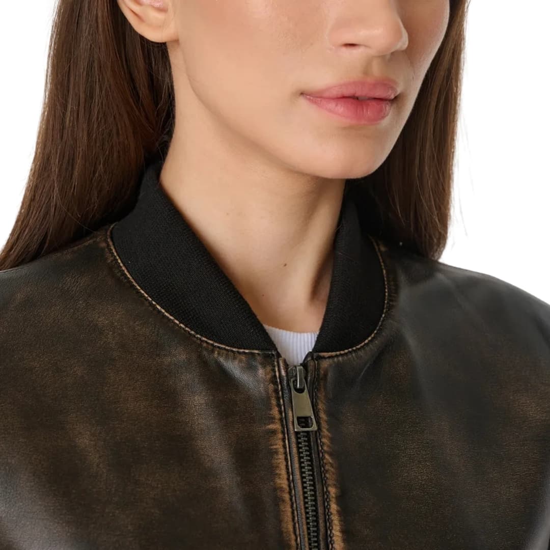 Womens Distressed Brown Leather Bomber Jacket (4)