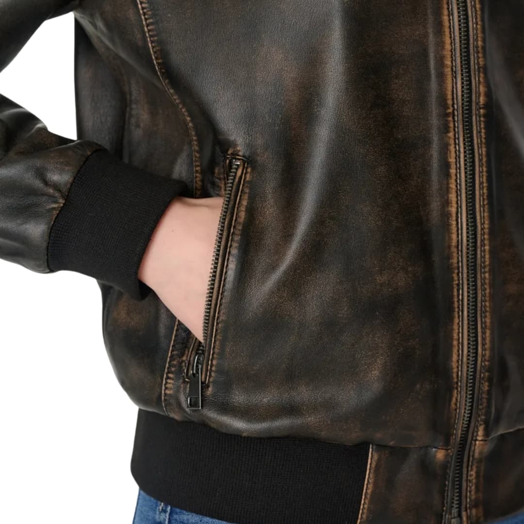 Womens Distressed Brown Leather Bomber Jacket (5)