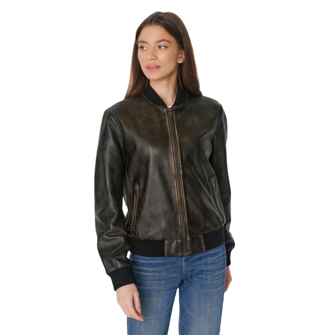 Womens Distressed Brown Leather Bomber Jacket (8)