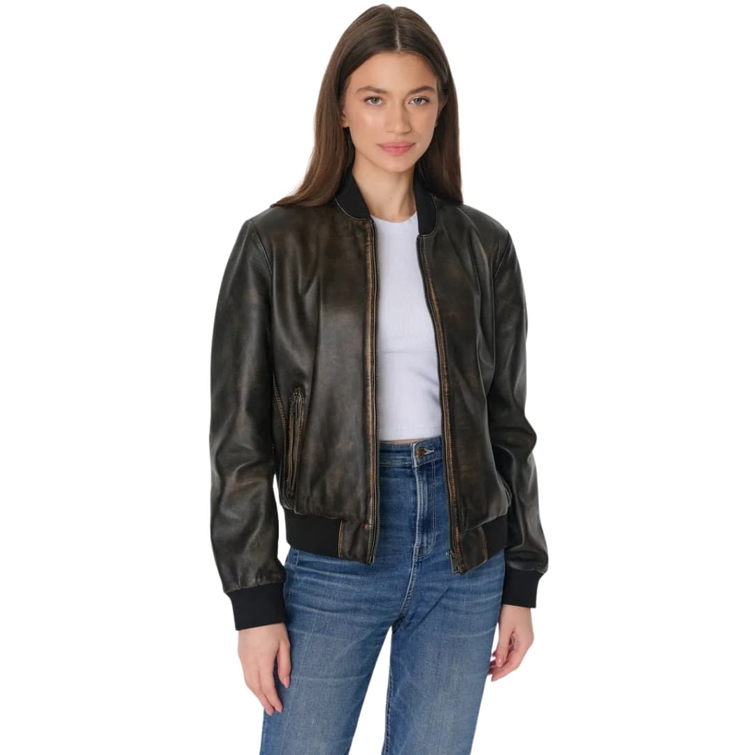 Womens Distressed Brown Leather Bomber Jacket (9)