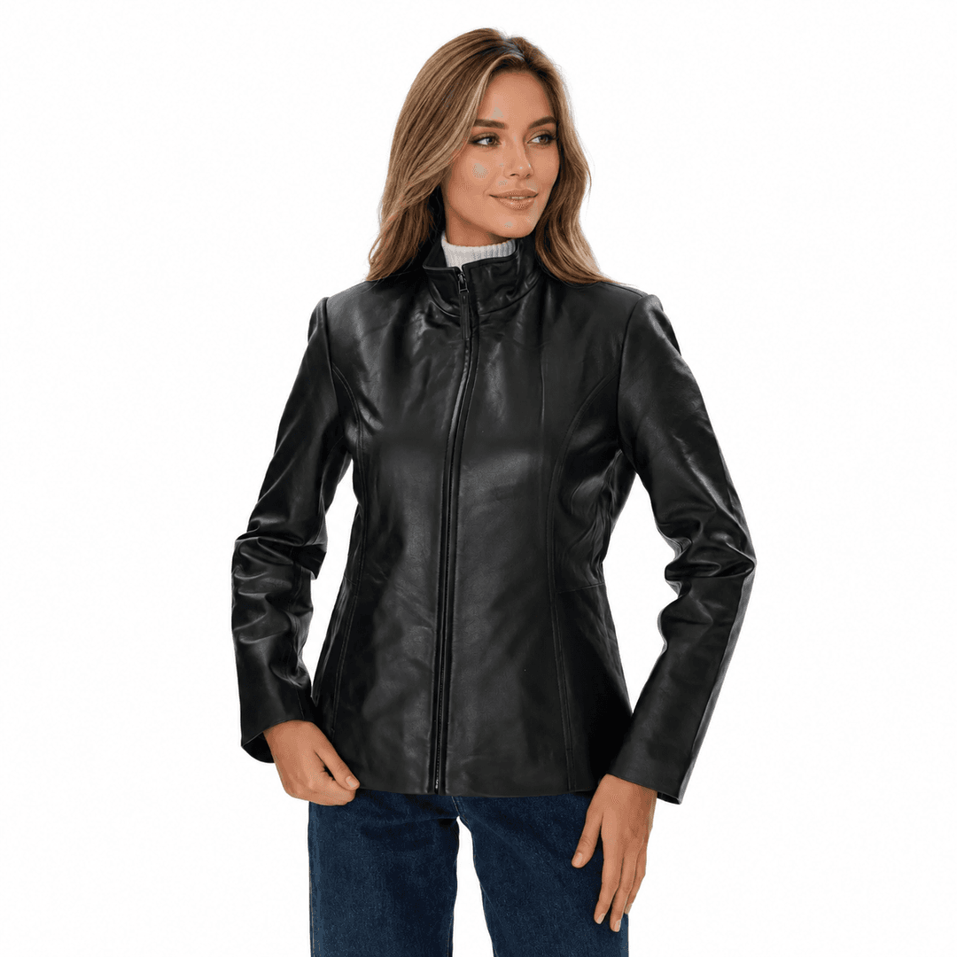 Womens Slim Fit Black Leather Jacket With High Collar-1