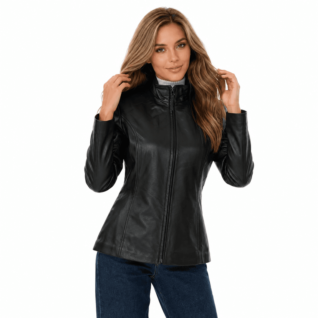 Womens Slim Fit Black Leather Jacket With High Collar-2