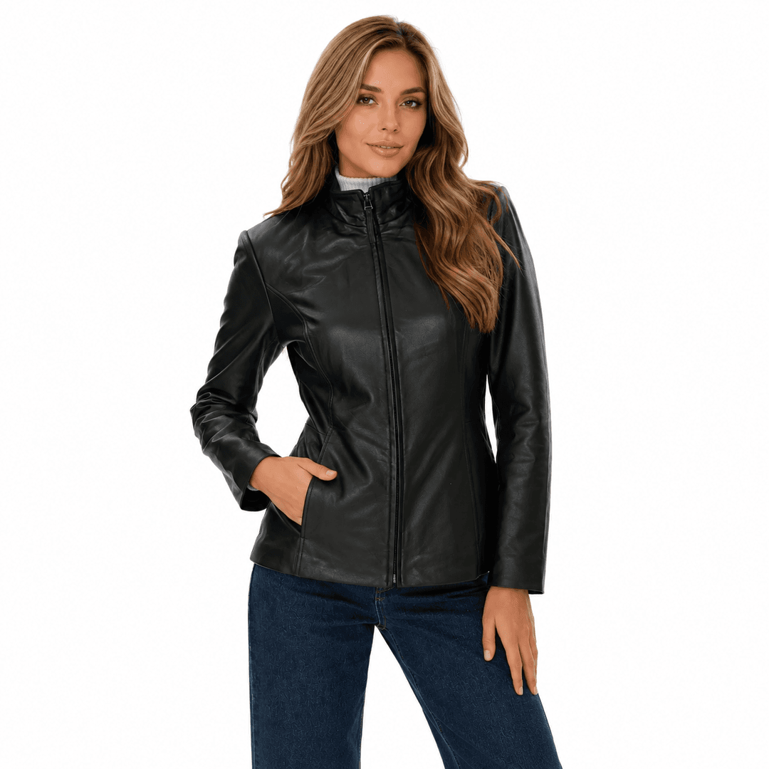 Womens Slim Fit Black Leather Jacket With High Collar-3
