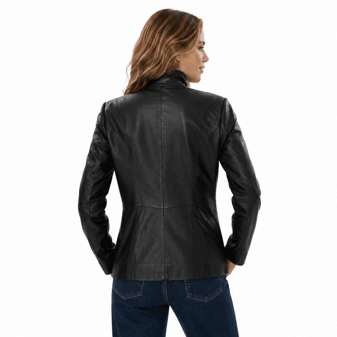 Womens Slim Fit Black Leather Jacket With High Collar-5
