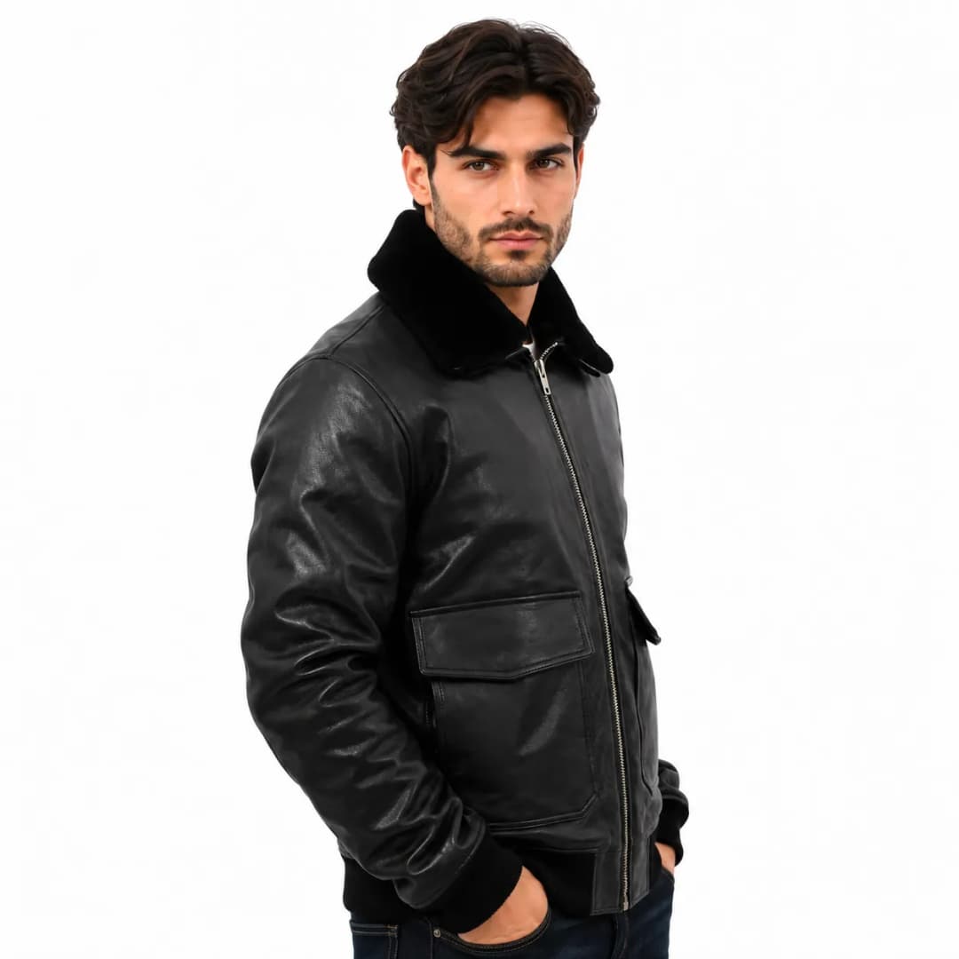 Black Aviator Leather Bomber_2