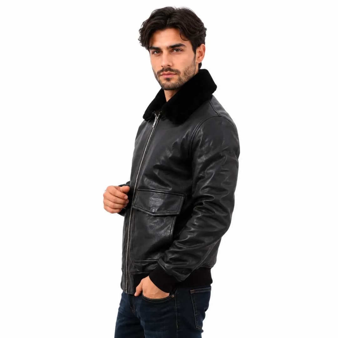 Black Aviator Leather Bomber_3