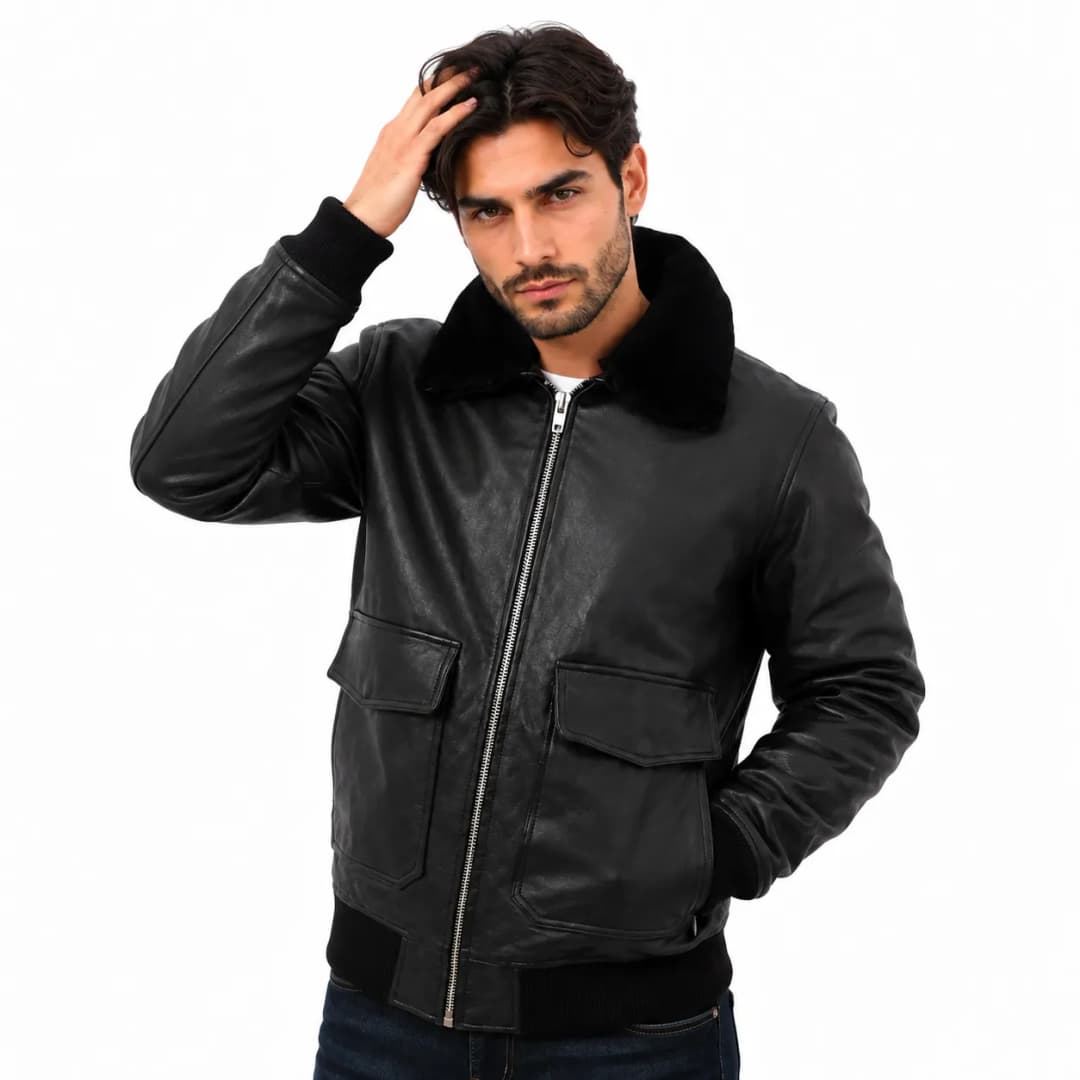 Black Aviator Leather Bomber_4