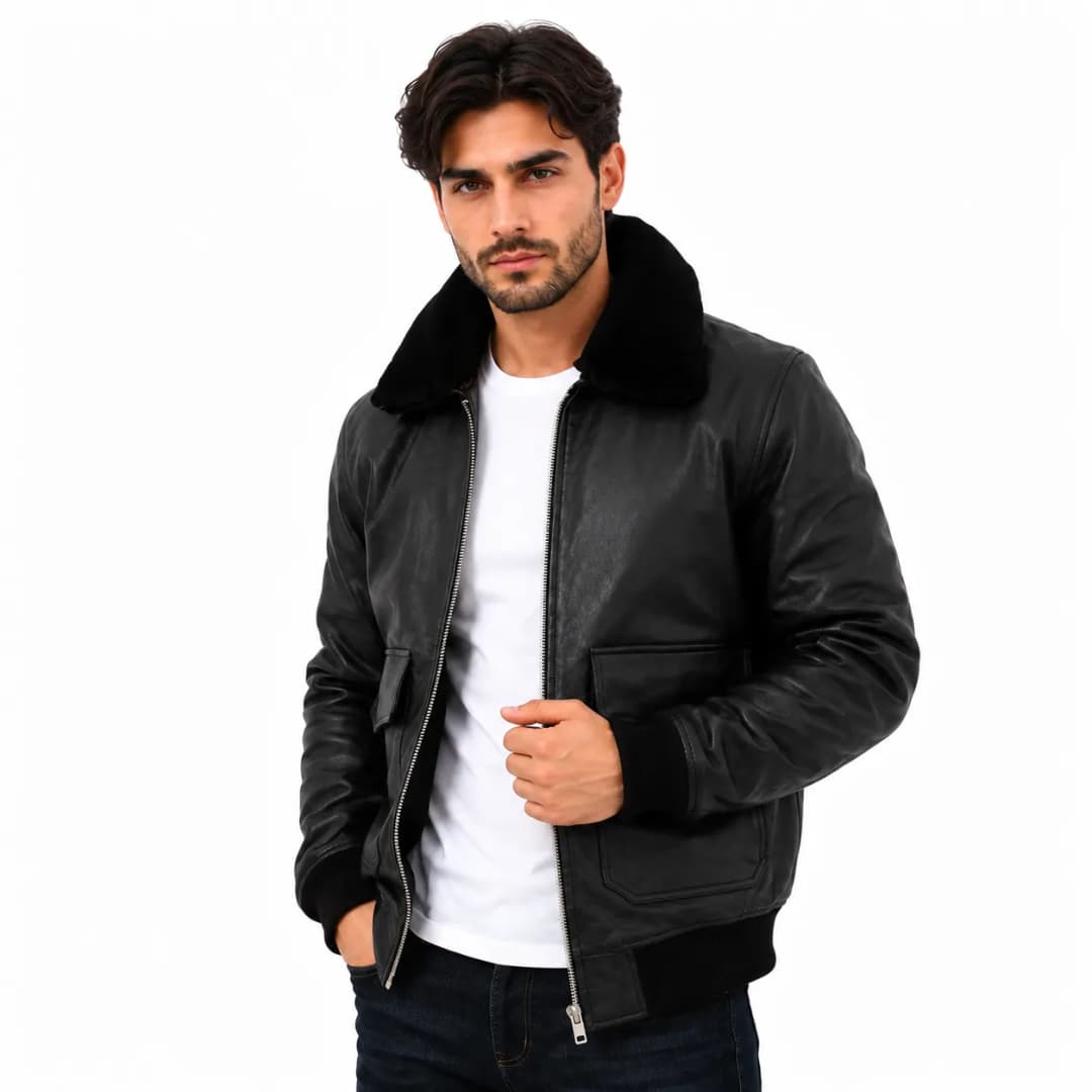 Black Aviator Leather Bomber_5