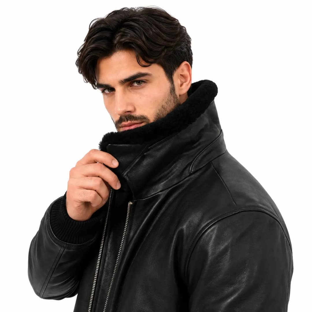 Black Aviator Leather Bomber_7