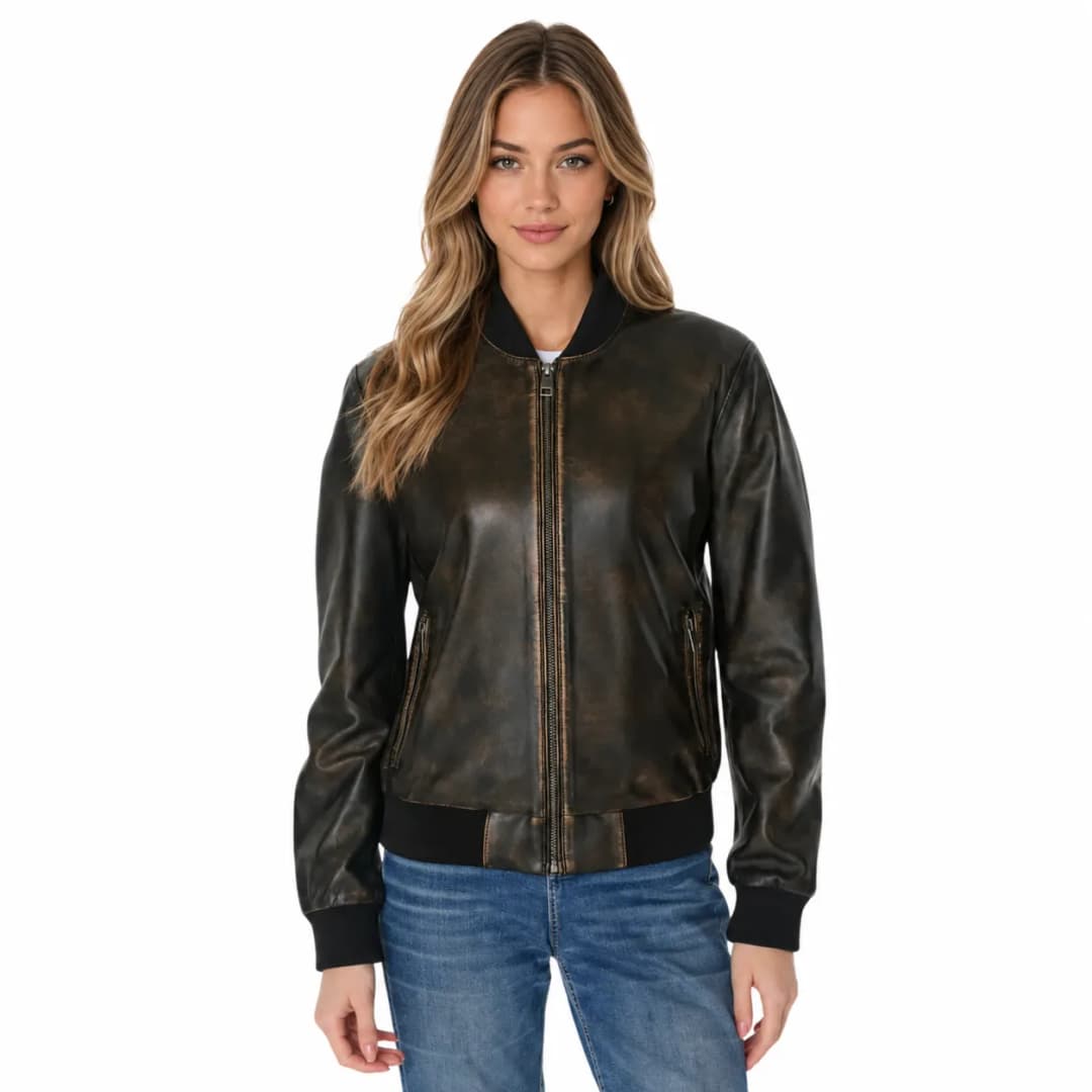 Womens Distressed Brown Leather Bomber Jacket-1