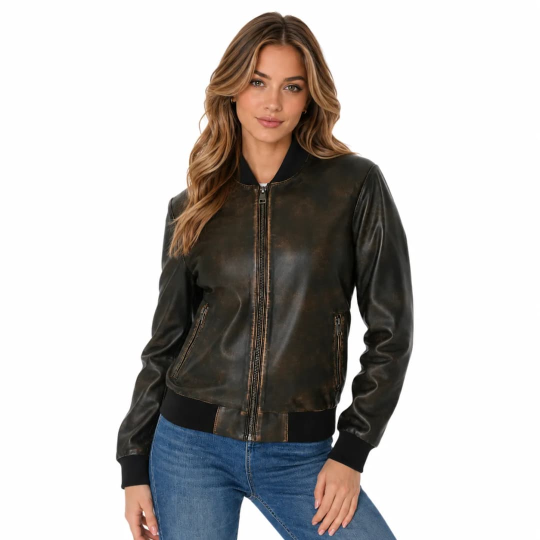 Womens Distressed Brown Leather Bomber Jacket-3