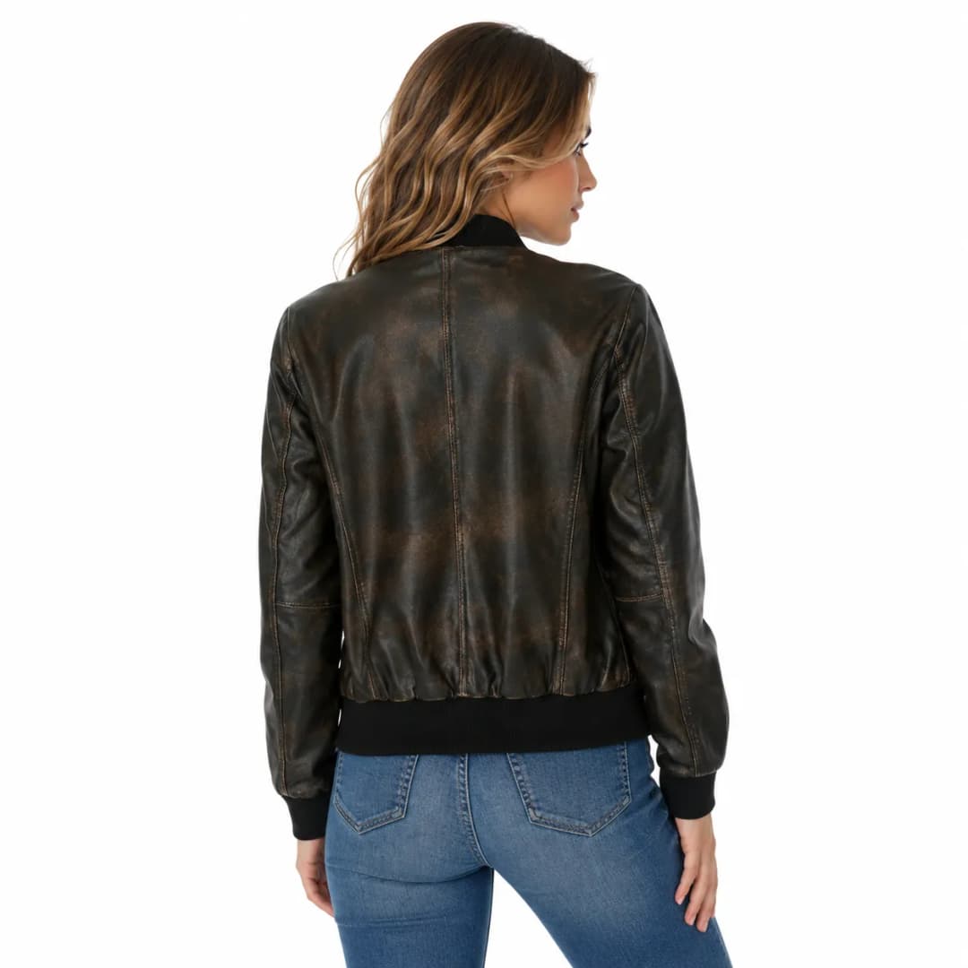 Womens Distressed Brown Leather Bomber Jacket-5