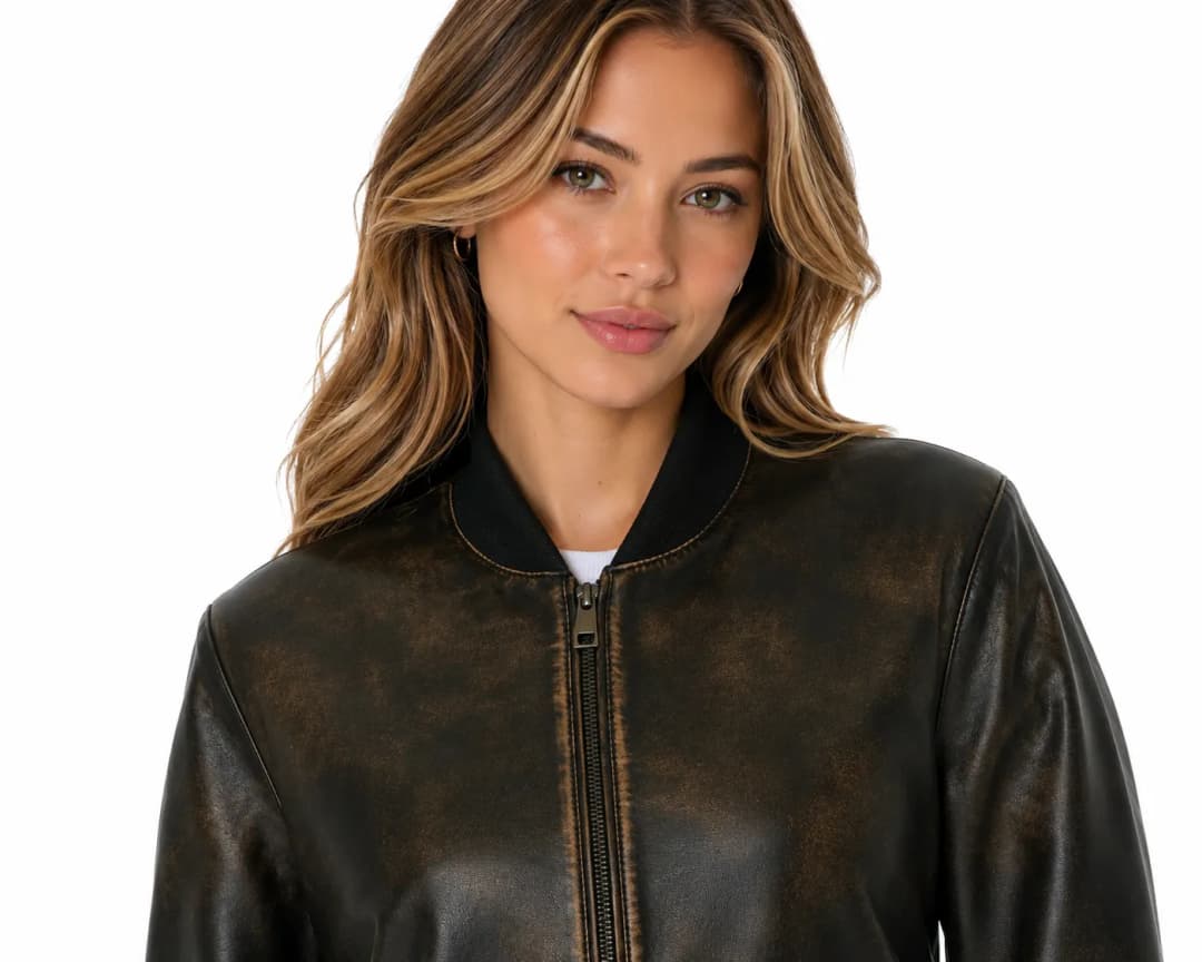 Womens Distressed Brown Leather Bomber Jacket-6