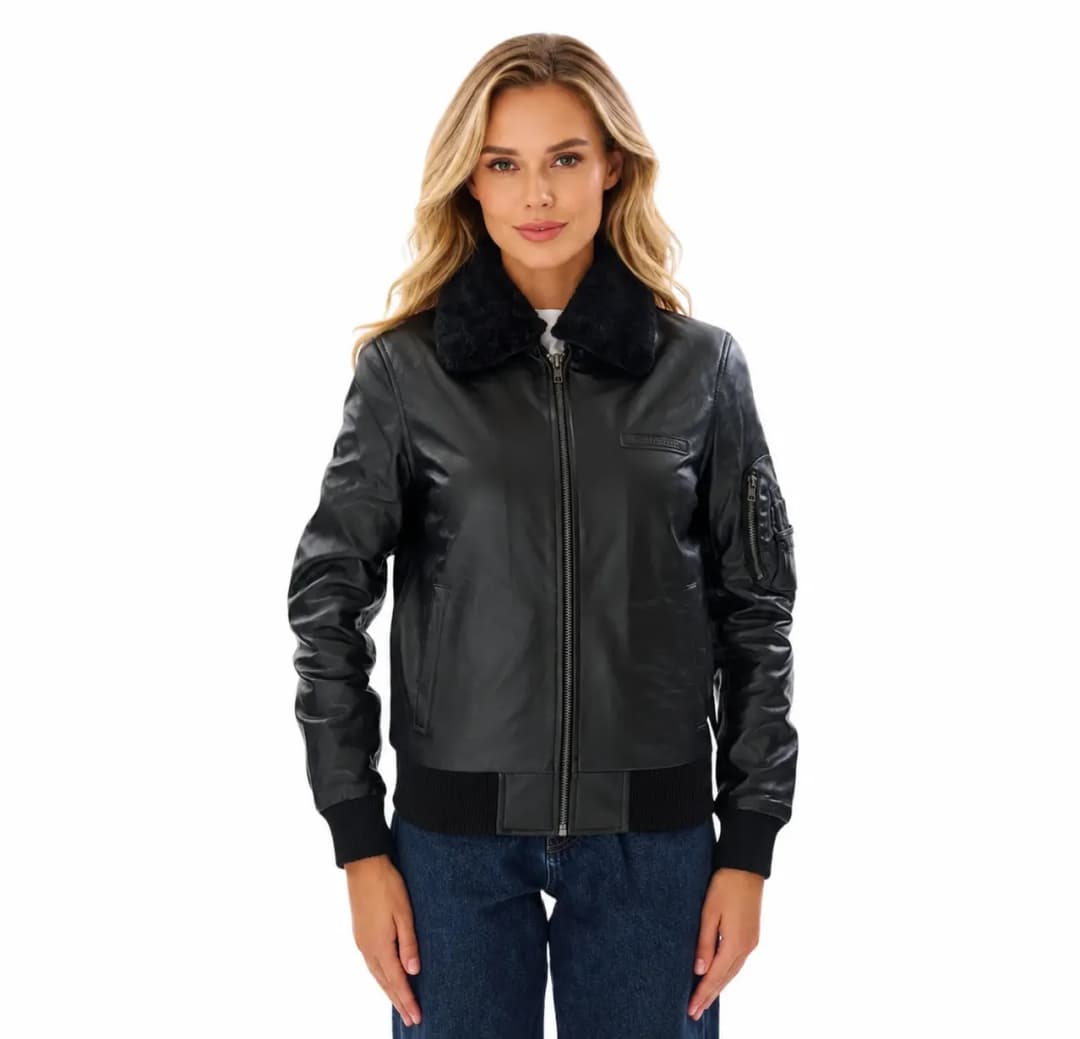 Women’s Black Aviator Leather Jacket With Shearling Collar_1