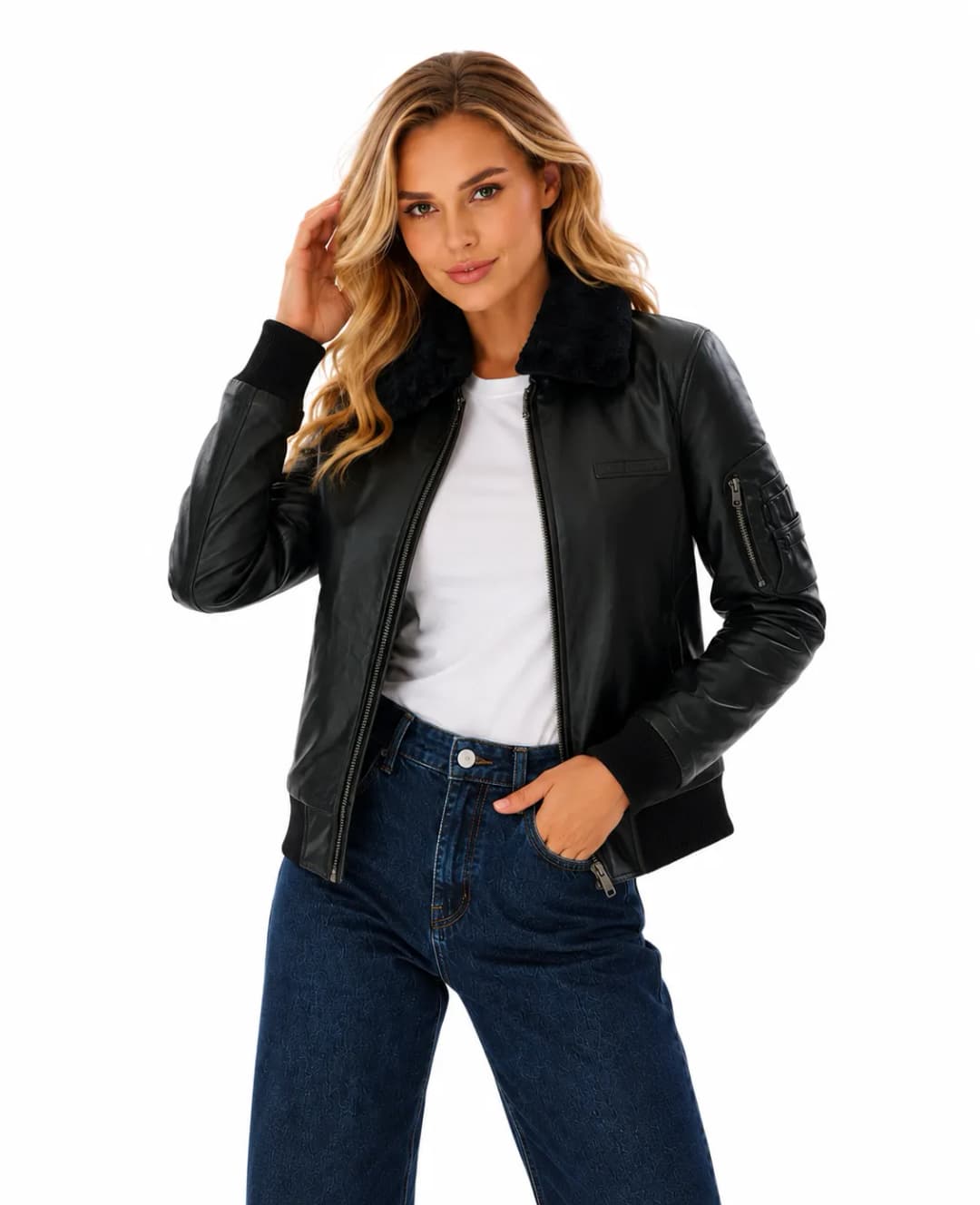 Women’s Black Aviator Leather Jacket With Shearling Collar_2
