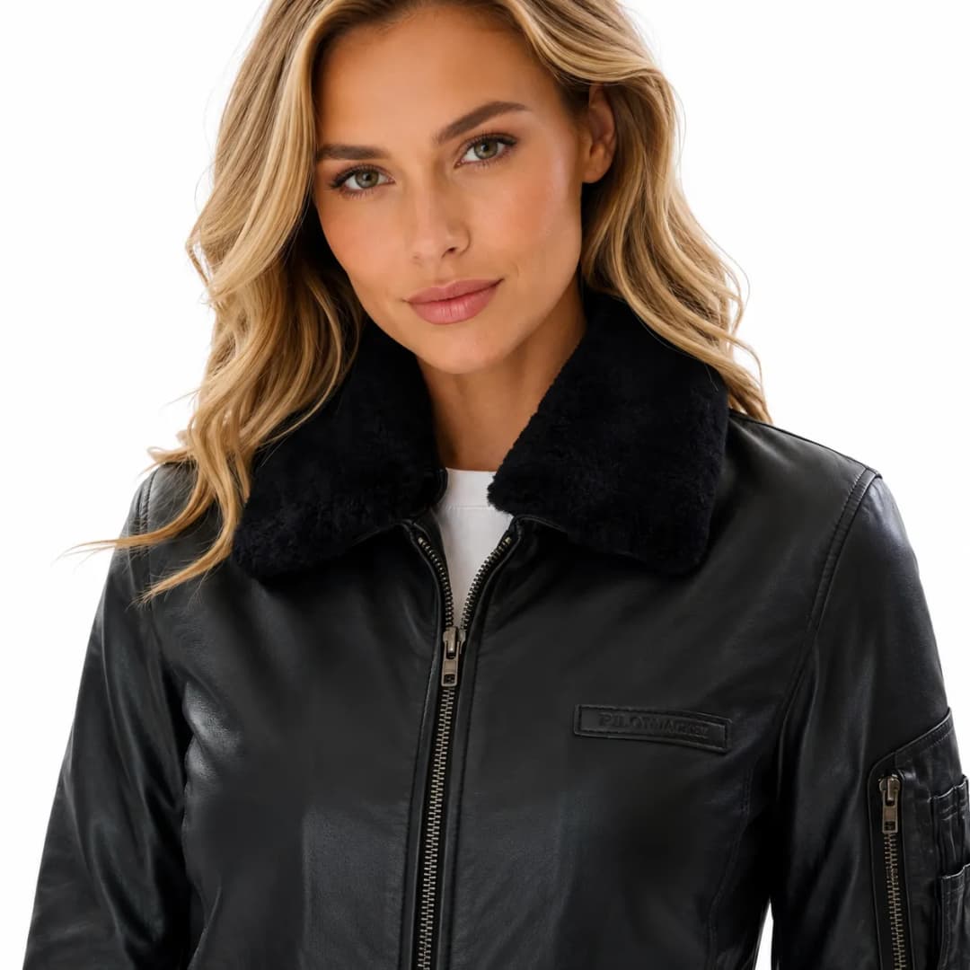 Women’s Black Aviator Leather Jacket With Shearling Collar_3