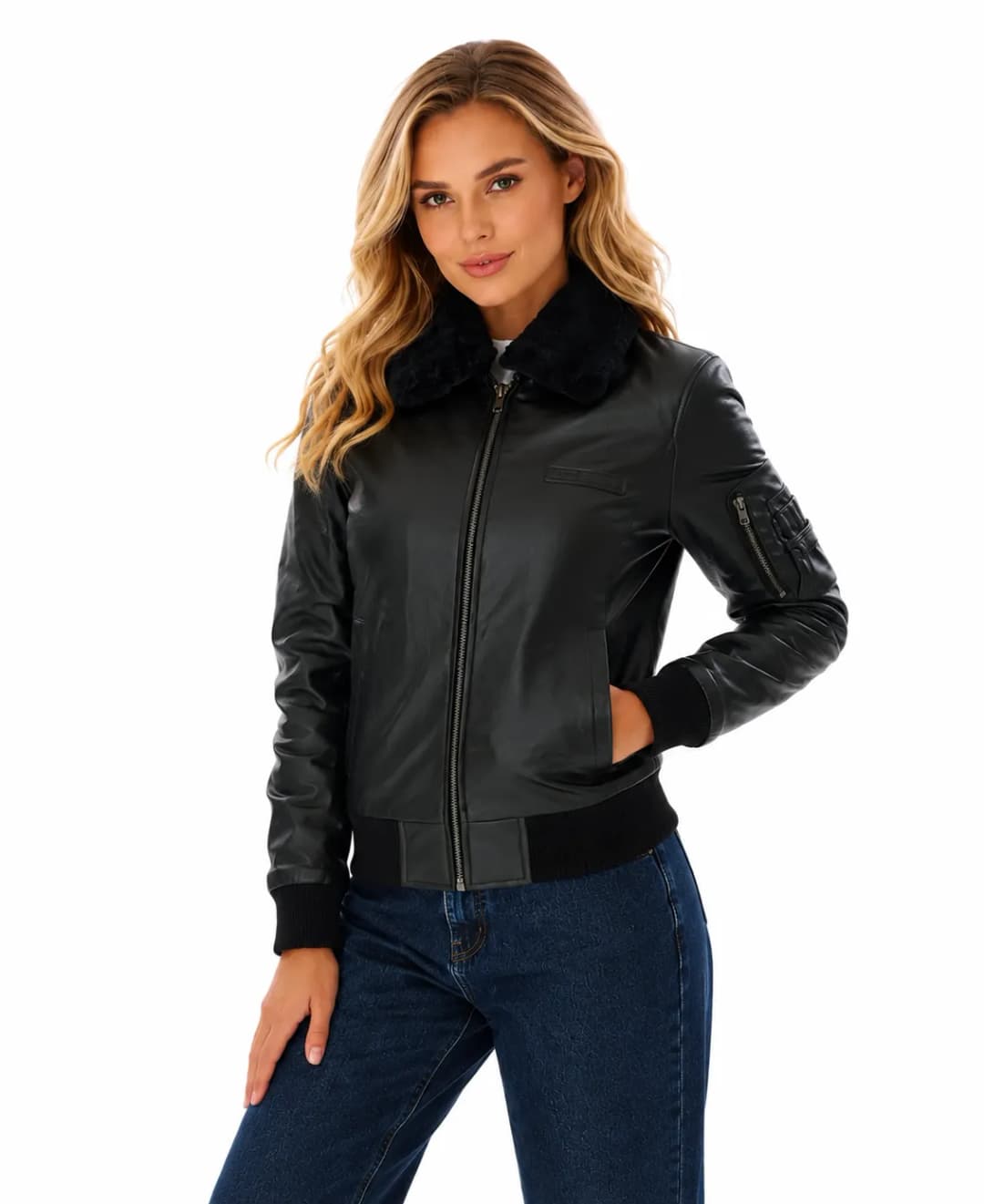 Women’s Black Aviator Leather Jacket With Shearling Collar_4