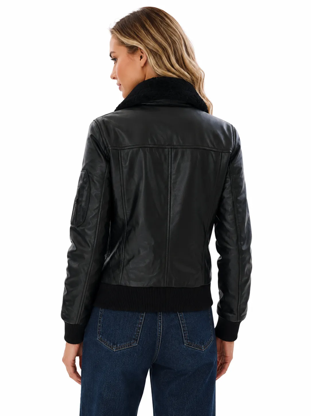 Women’s Black Aviator Leather Jacket With Shearling Collar_5