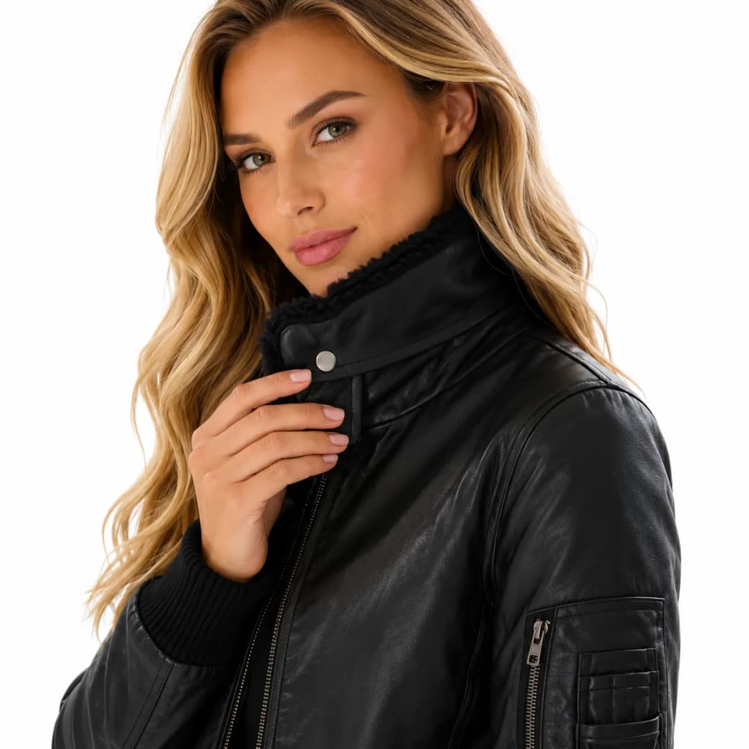 Women’s Black Aviator Leather Jacket With Shearling Collar_6