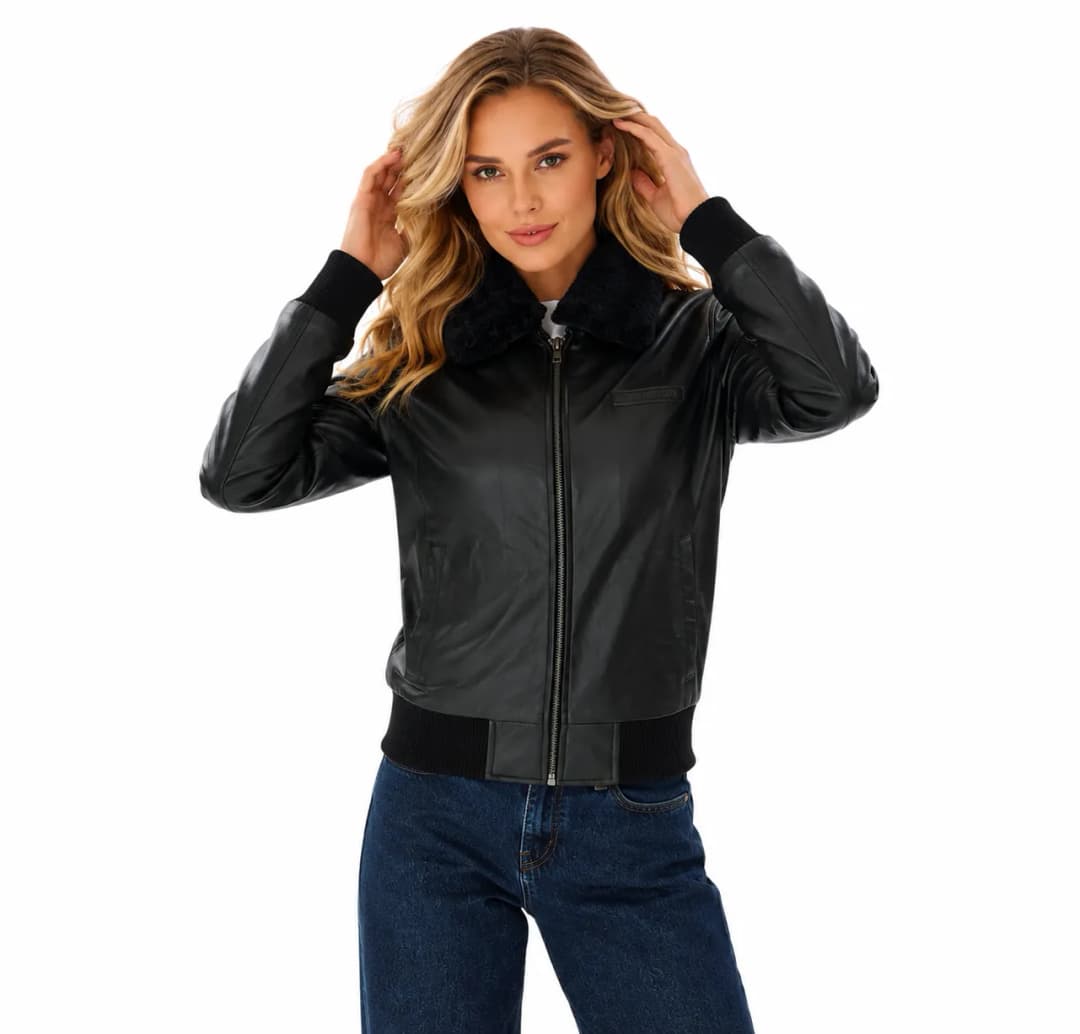 Women’s Black Aviator Leather Jacket With Shearling Collar_7